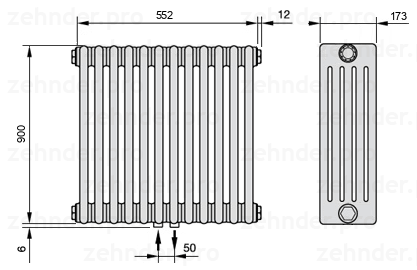 Схема (чертеж) Радиатор Zehnder Charleston 5090/12 №3470 Белый глянцевый RAL 9016
